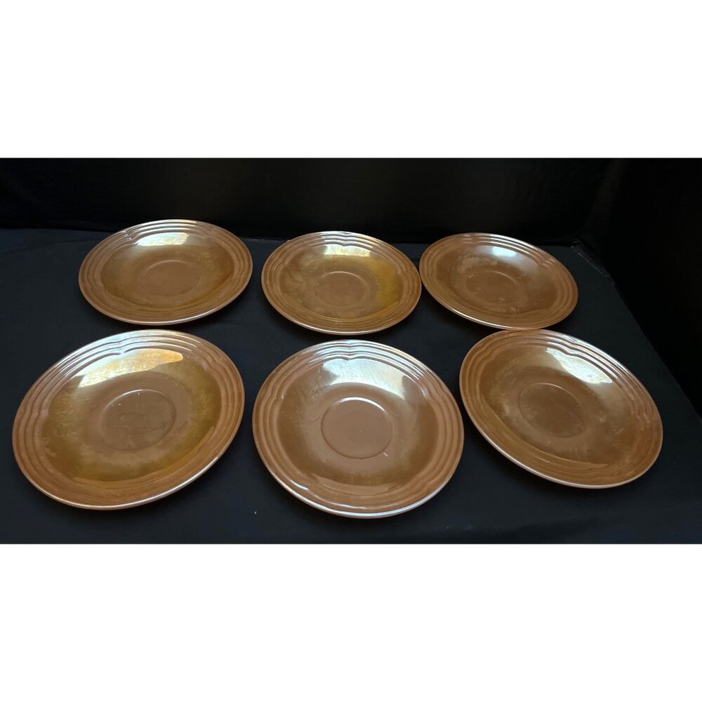 Set of 6 FireKing Peach Luster Oven Ware Saucers 6” Diameter